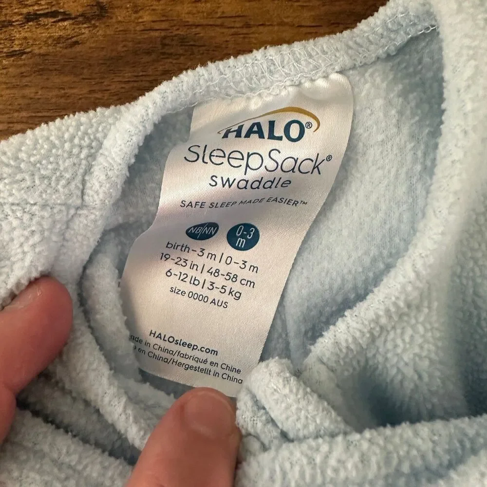 HALO SleepSack Swaddle Kids 0-3M Blue Microfleece 3-Way Adjustable Double Zipper